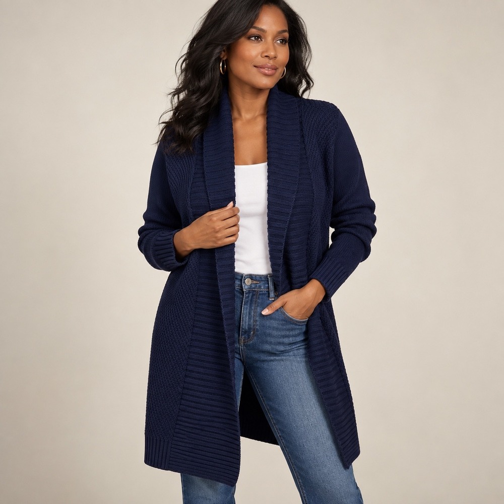 Lauren Ralph Lauren Navy Blue Cotton Shawl Collar Open Front Cardigan L Chunky